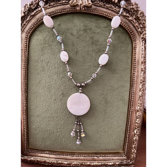Vintage Mother of Pearl Necklace with Crystal Dangles Boho Shell Jewelry 1980s - Picture 1 of 8